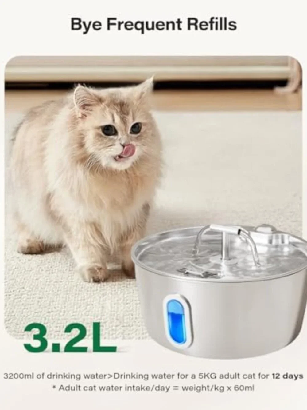 Stainless Steel Cat Water Fountain - 3.2L Pet Drinking Dispenser, Quiet